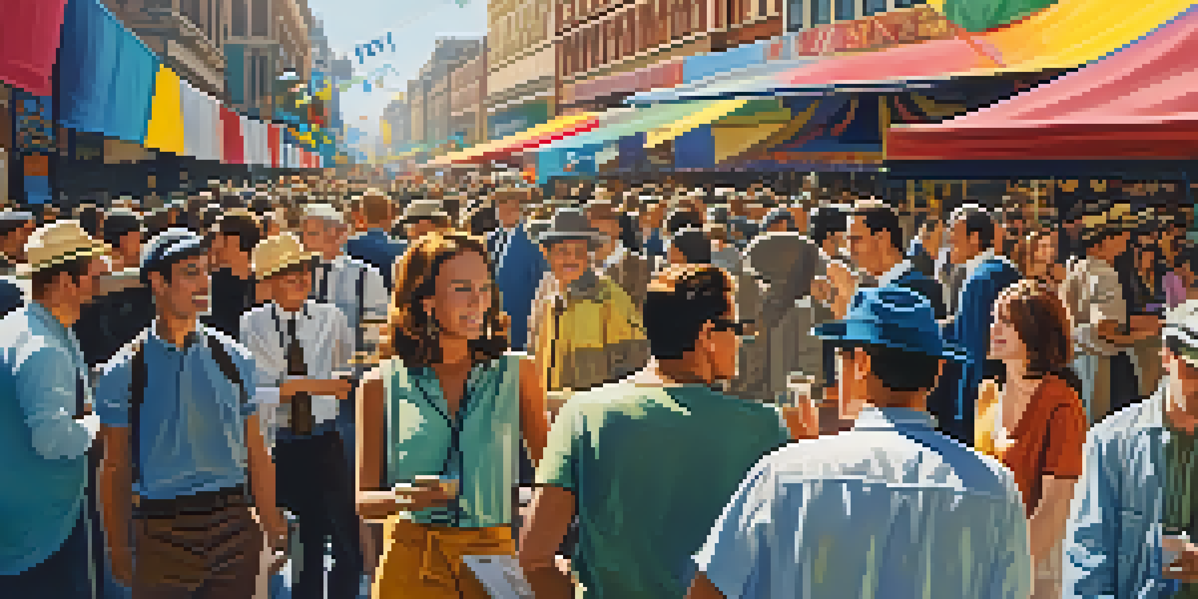 Actors and filmmakers networking at a film festival, surrounded by colorful banners and a sunny sky.
