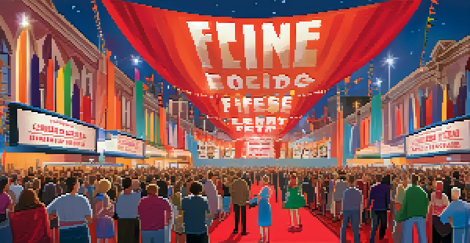 A lively film festival scene with filmmakers and celebrities on a red carpet, colorful banners in the background, and excited fans holding signs under bright lights.