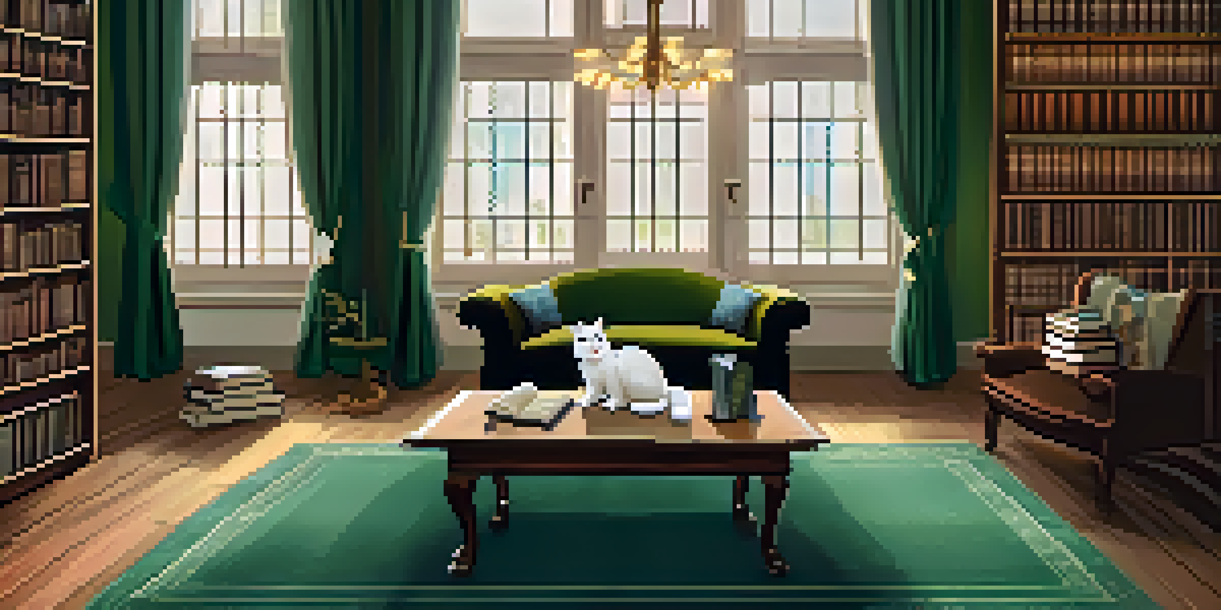 A warm and inviting library with a wooden table, vintage chandelier, plush armchair, and a cat sleeping on books.
