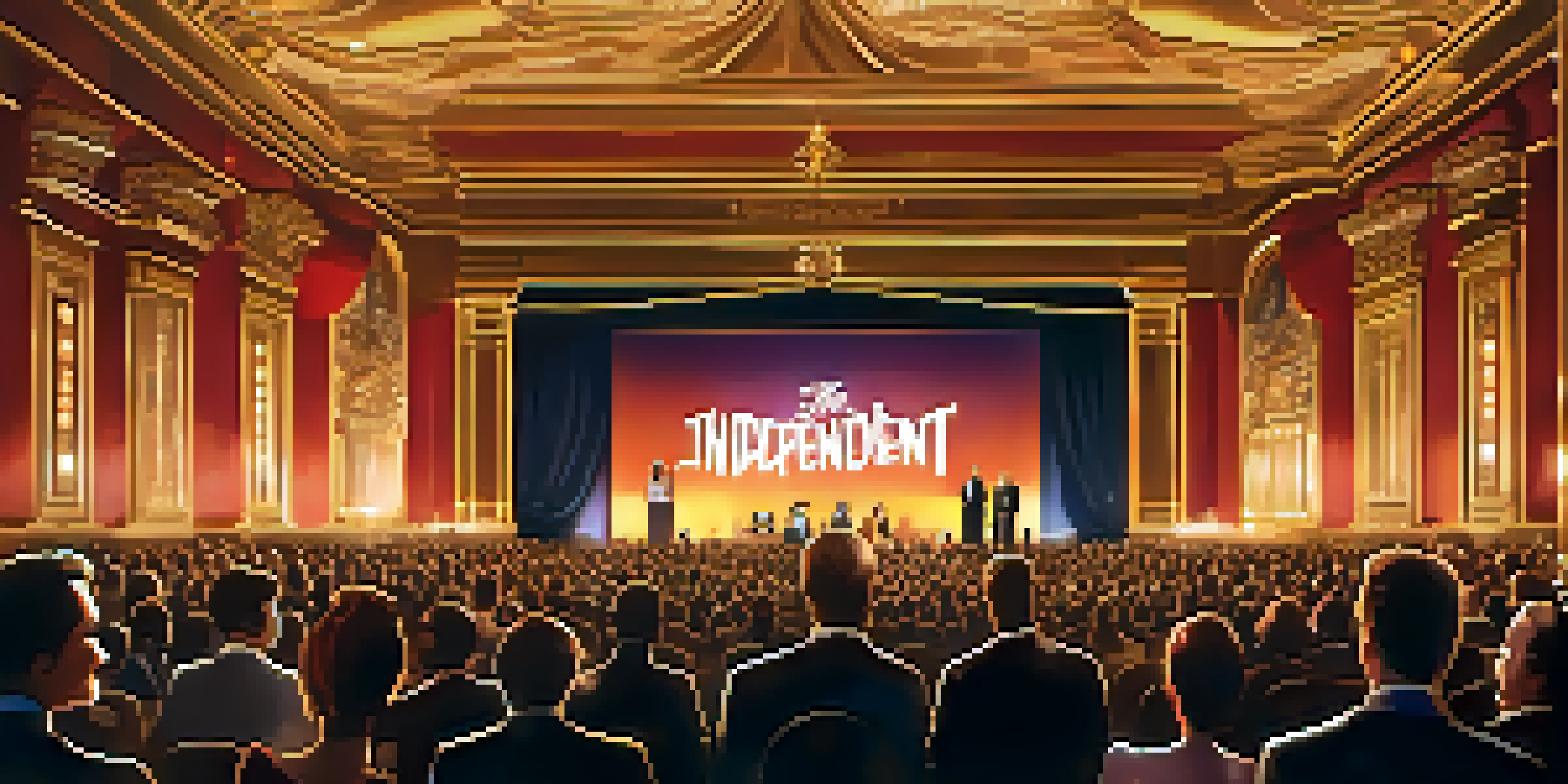 A lively award show scene with an audience in formal wear, golden lighting, and a prominent stage displaying 'Independent Film Awards'.