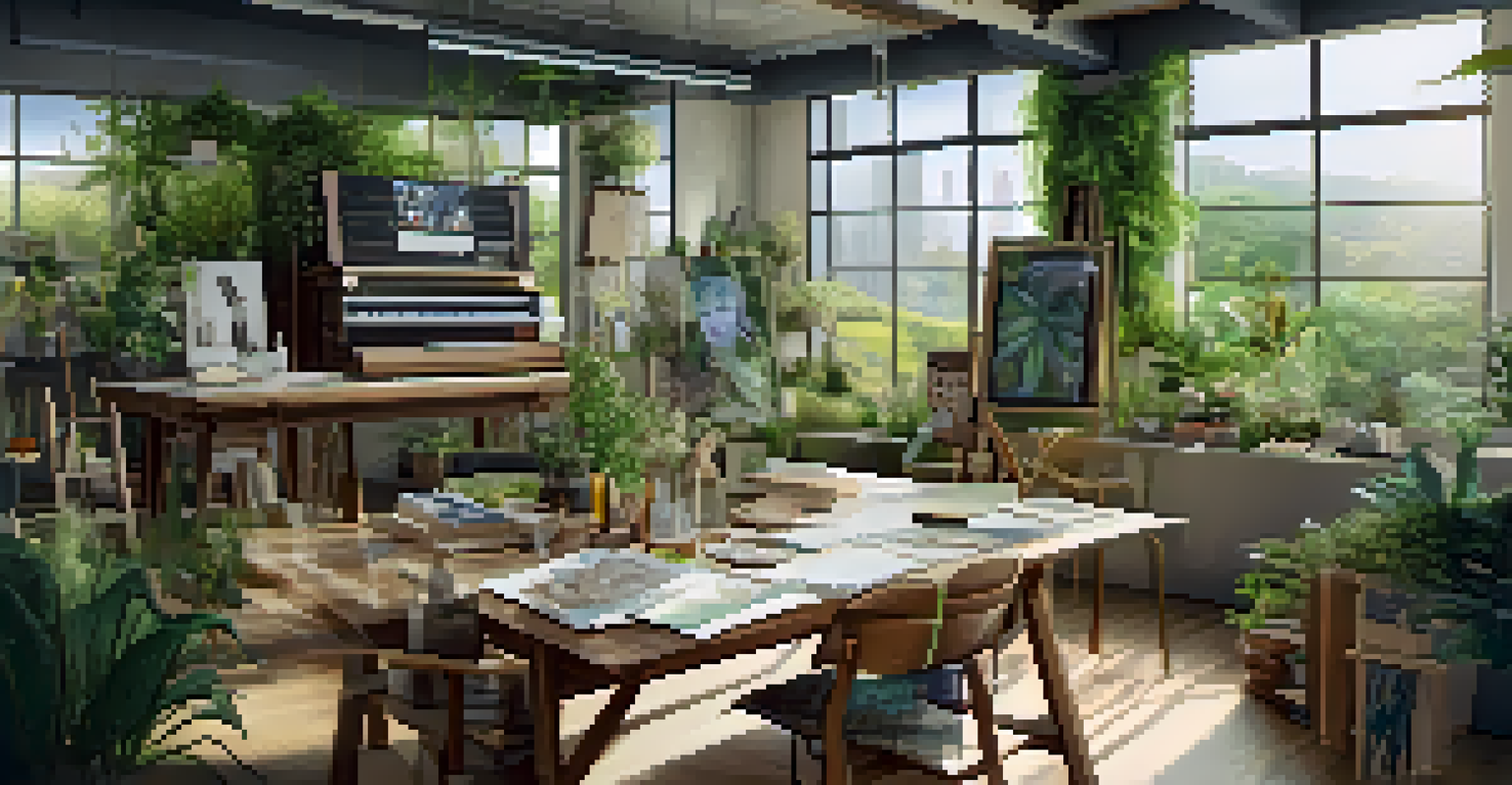 A contemporary film set with eco-friendly materials and art directors collaborating.