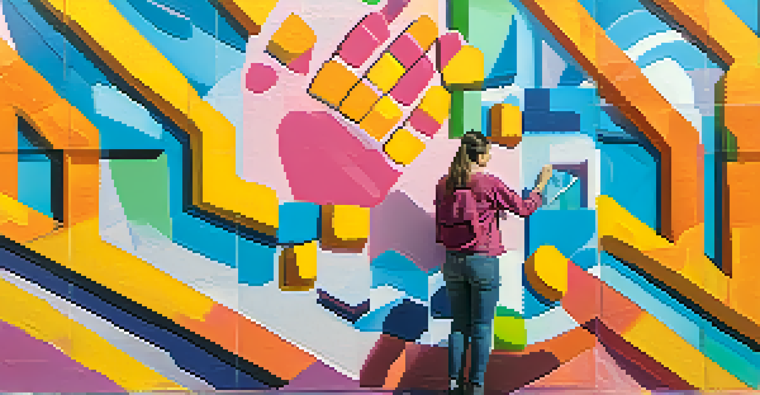 A young artist's hands painting a vibrant mural symbolizing mental health awareness in a sunlit urban environment.