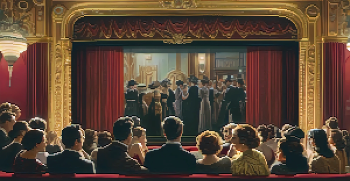 A vintage cinema scene with women in early 1900s attire watching a silent film, surrounded by ornate theater decorations.
