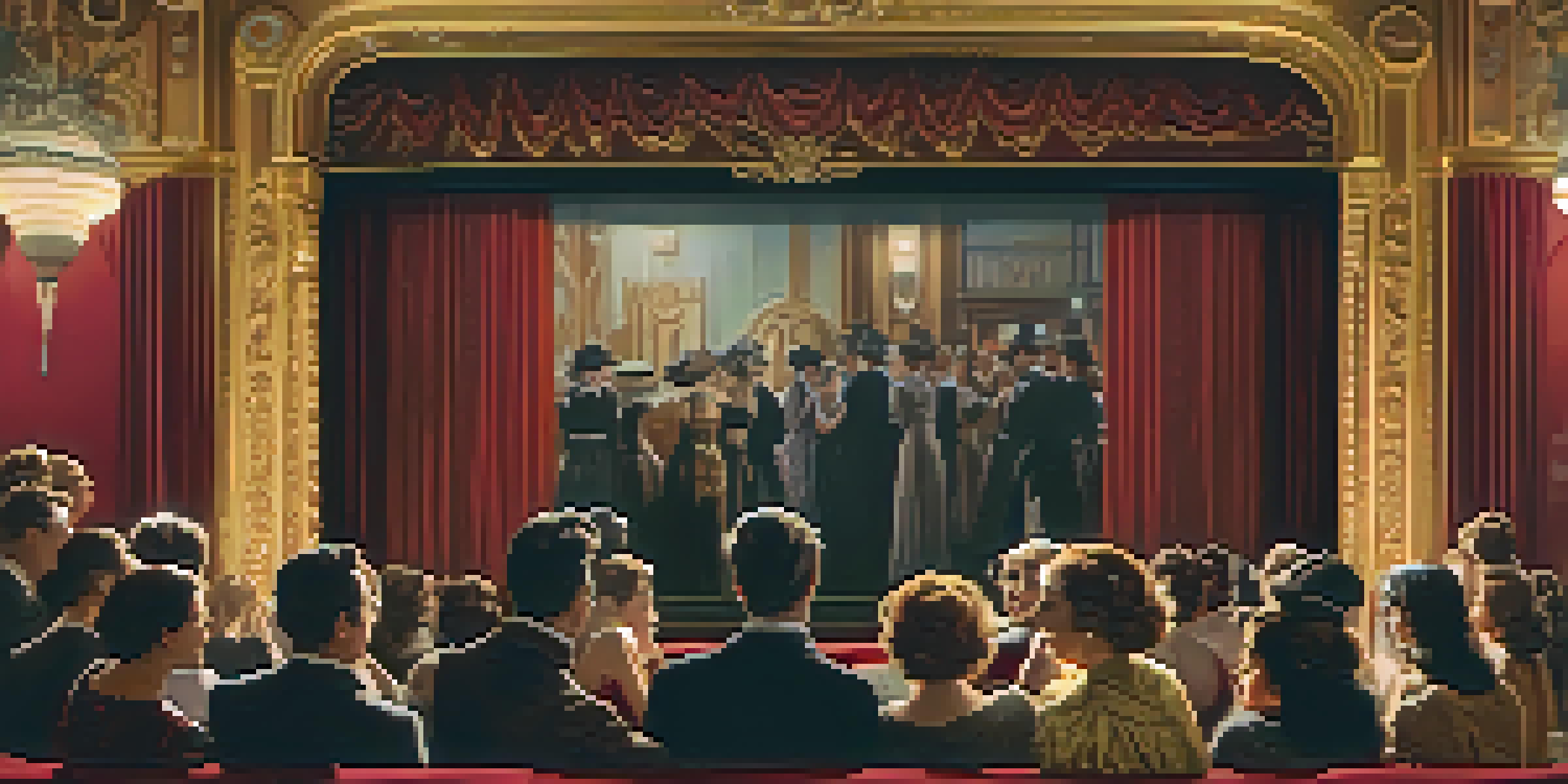 A vintage cinema scene with women in early 1900s attire watching a silent film, surrounded by ornate theater decorations.