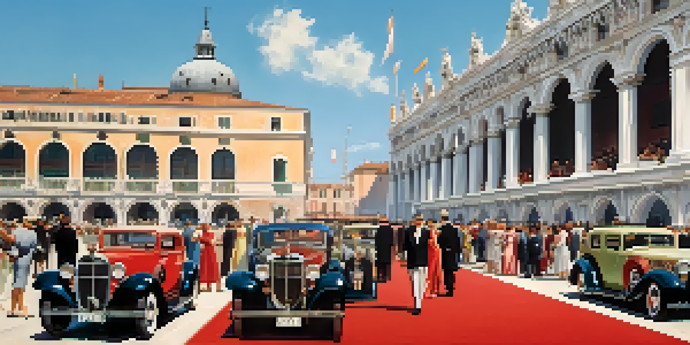 A historical scene depicting the Venice Film Festival in 1932 with attendees in vintage clothing, a red carpet, and classic cars against the backdrop of Venetian architecture.