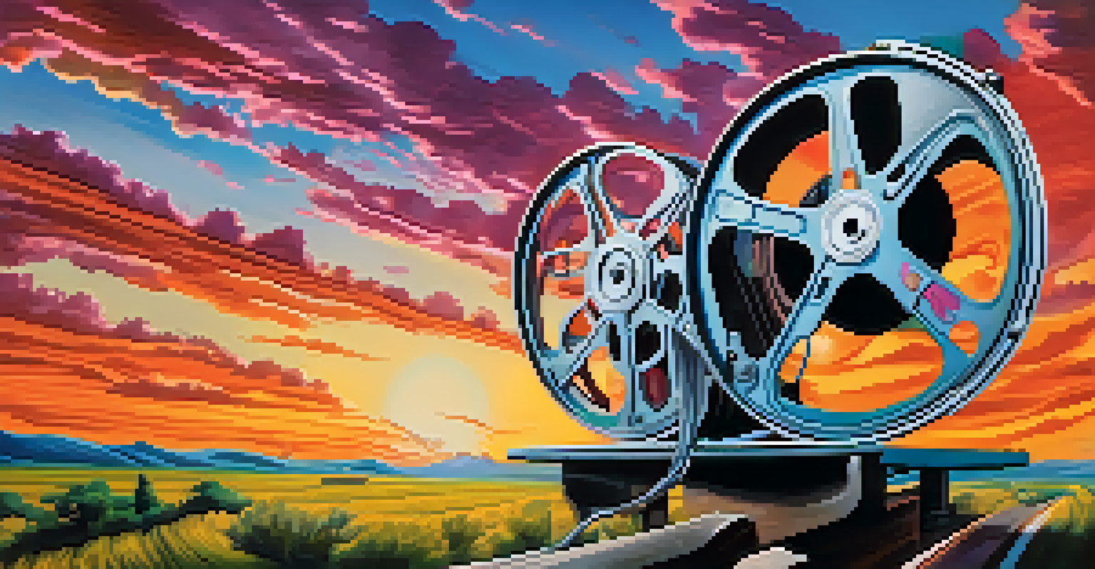 A colorful film reel unwinding through a landscape, showcasing various film genres coming to life in vibrant scenes.