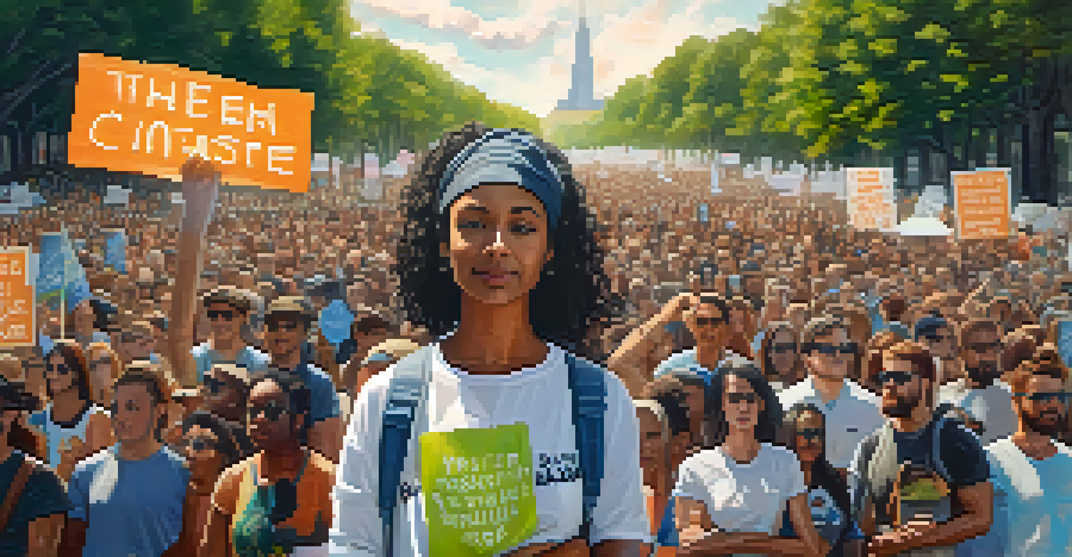 A climate activist holding a sign at a protest, surrounded by a diverse crowd and banners advocating for environmental protection.