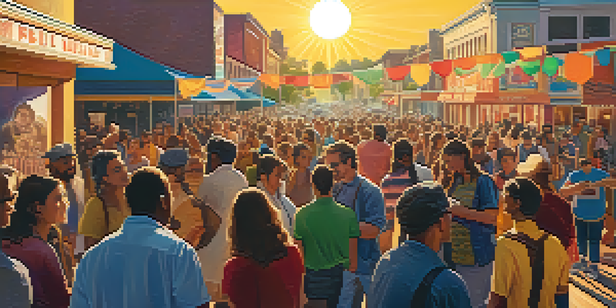 A lively film festival scene with diverse filmmakers and audience members discussing films under colorful banners at sunset.