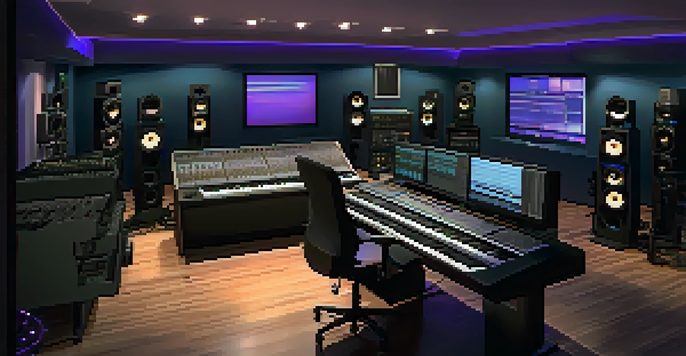 A modern film scoring studio featuring a digital audio workstation, illuminated by soft blue and purple lights, with instruments and soundproofing panels.