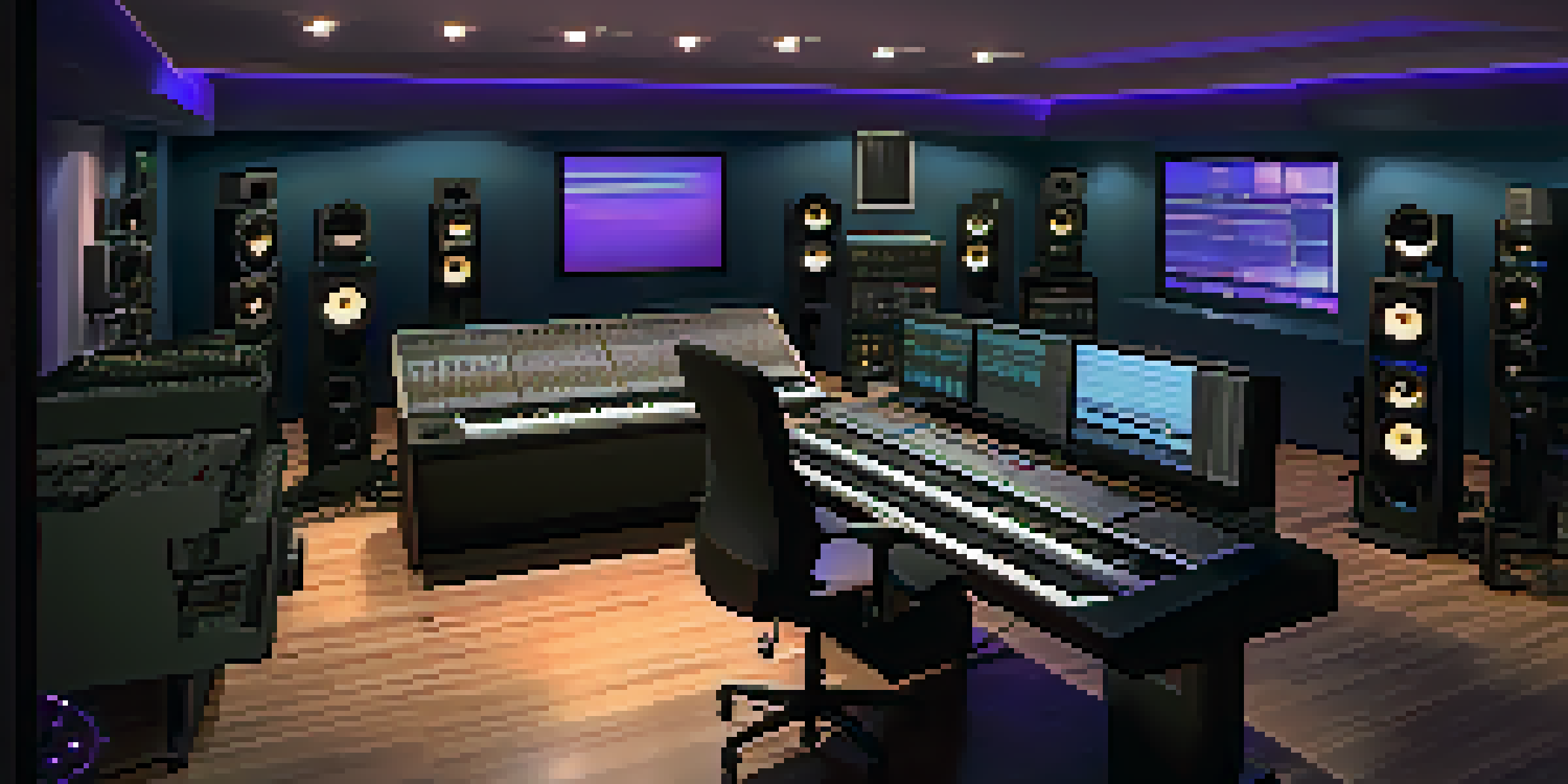 A modern film scoring studio featuring a digital audio workstation, illuminated by soft blue and purple lights, with instruments and soundproofing panels.