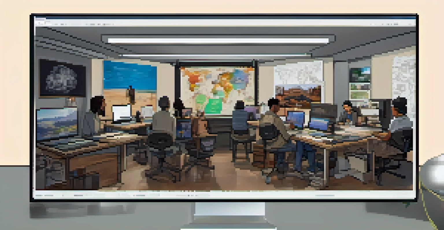 Filmmakers from different cultures collaborating in a creative studio with storyboards and laptops.