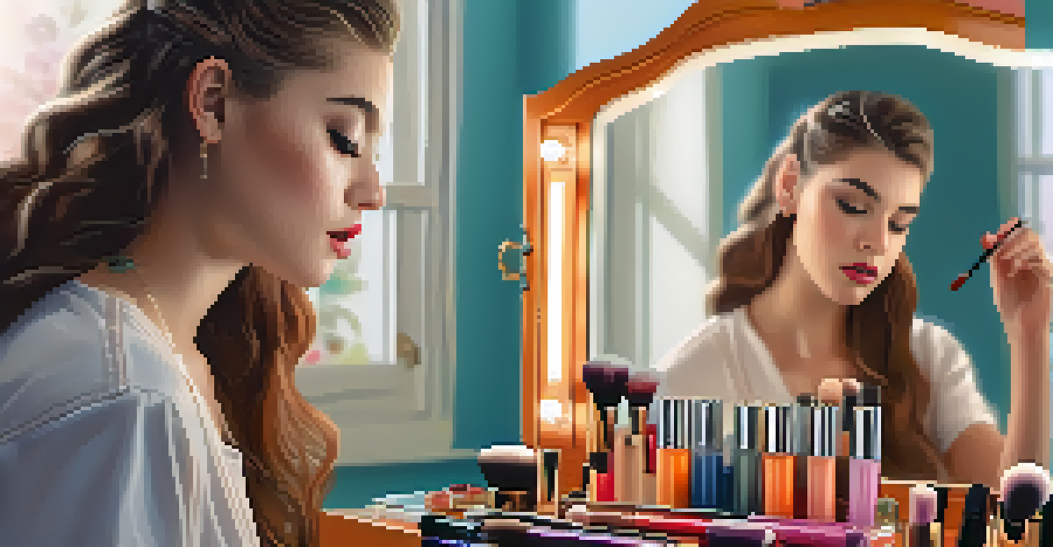 A teenage girl applying makeup in her stylish bedroom, surrounded by colorful makeup products and soft natural light.