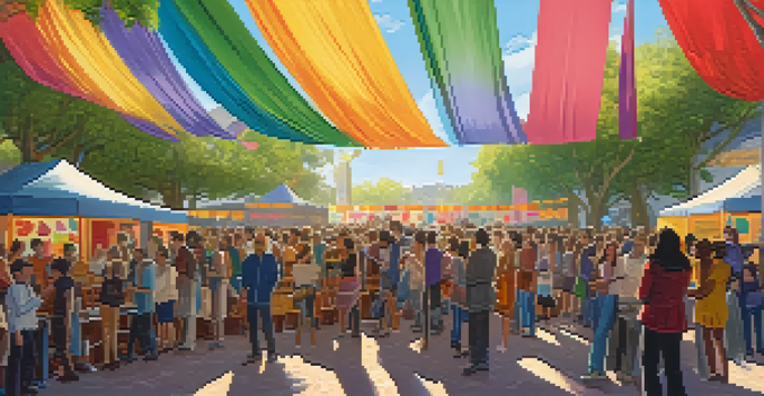 A lively film festival scene featuring filmmakers and audiences, with colorful banners and a large screen showing international films.