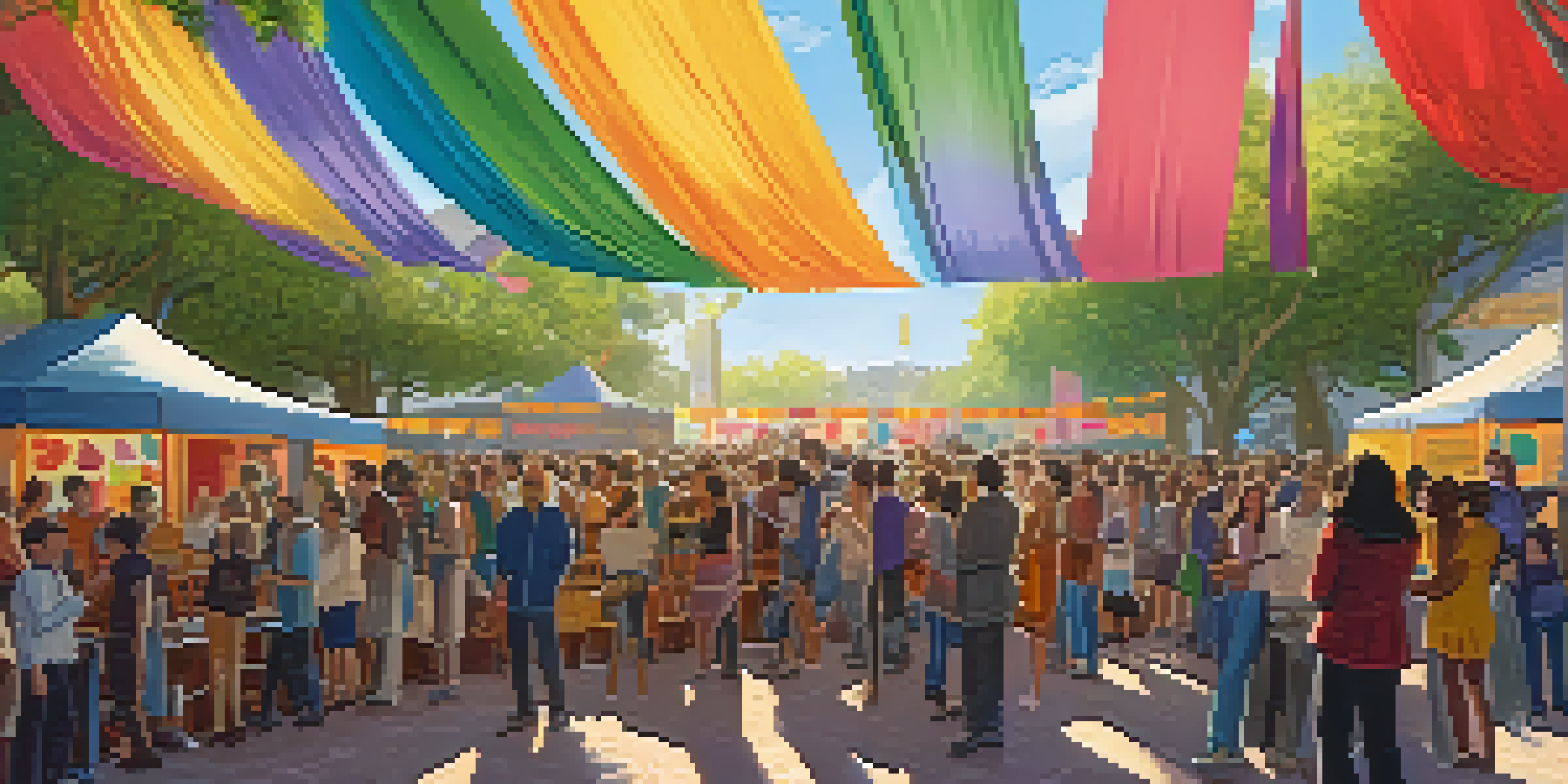 A lively film festival scene featuring filmmakers and audiences, with colorful banners and a large screen showing international films.