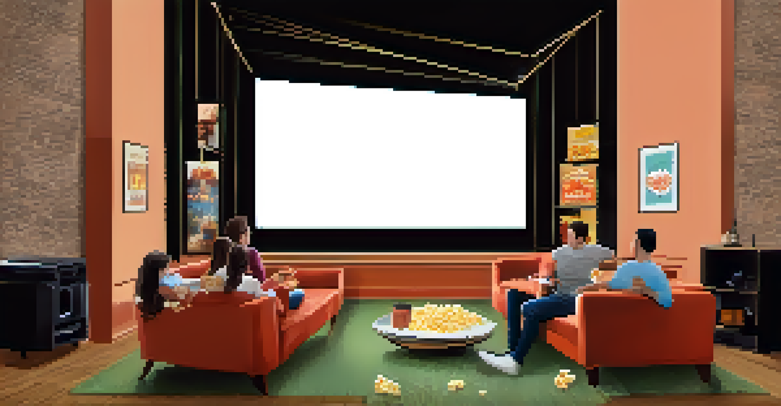 A split-screen image contrasting a movie theater audience with a family watching a movie at home.