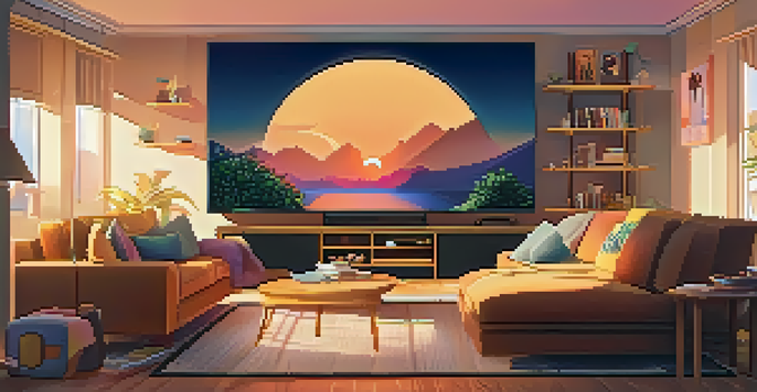A cozy living room with a flat-screen TV, warm lighting, and a plush sofa, creating a welcoming atmosphere for watching movies.