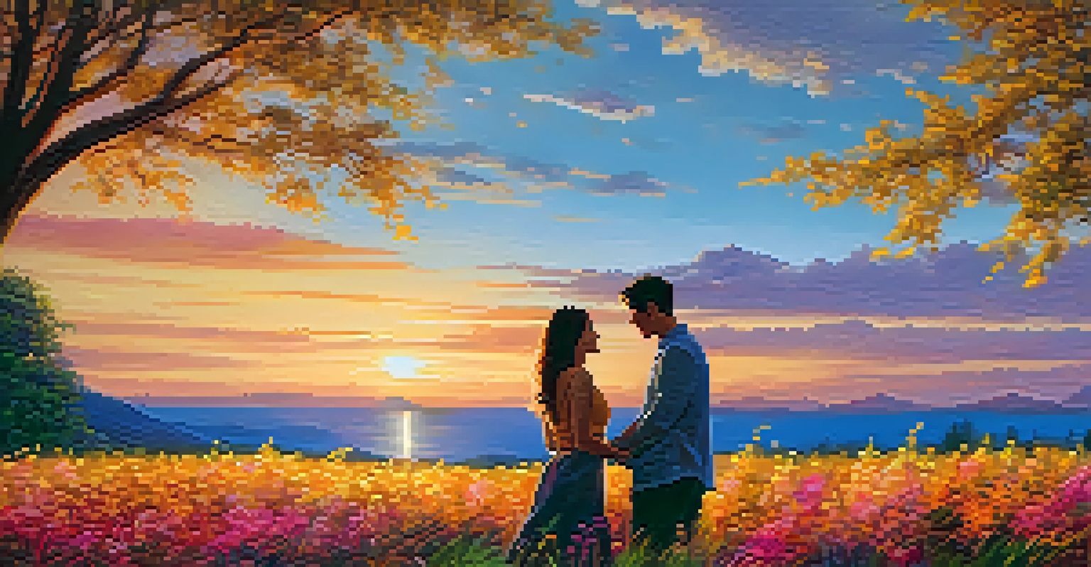 A couple embracing in a colorful flower garden during a golden sunset, radiating warmth and romance.