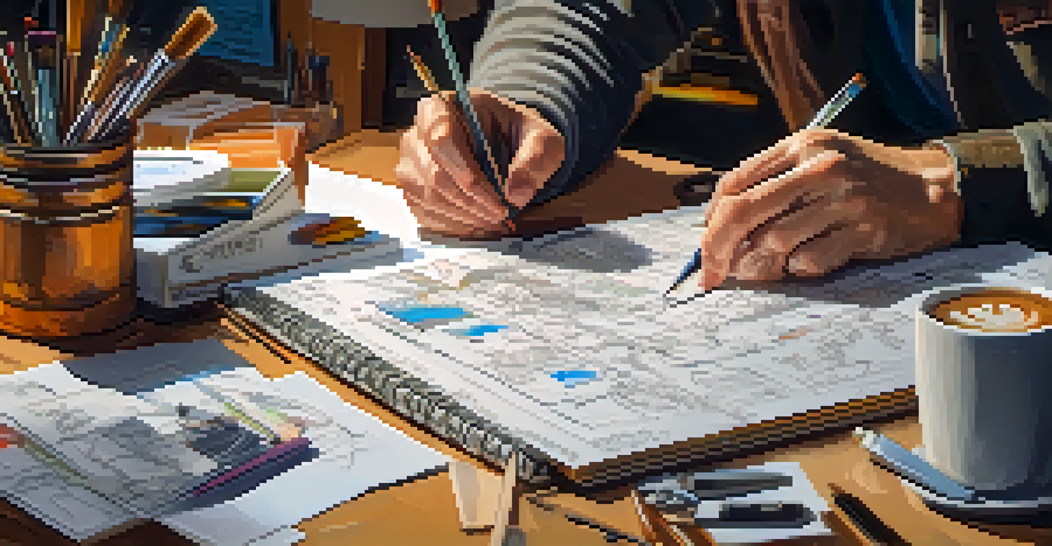 A close-up of a filmmaker's hands working on a storyboard with sketches of diverse characters, surrounded by art supplies.