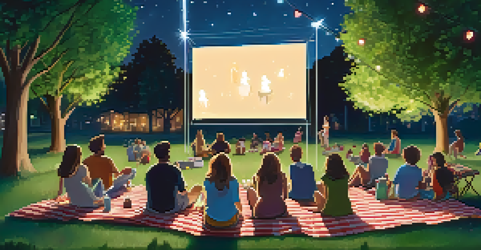 Families and friends enjoy an outdoor movie screening in a park under the stars, with a large screen and fairy lights.