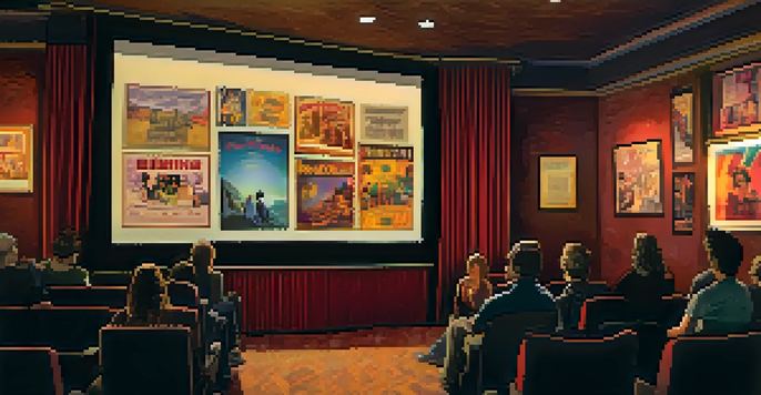 An intimate indie film screening room filled with an engaged audience, warm lighting, and vintage decor.