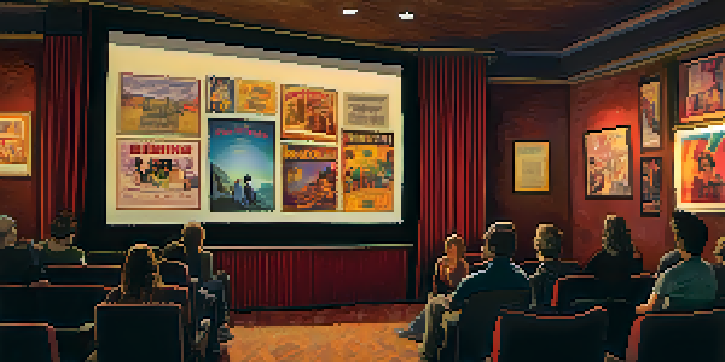 An intimate indie film screening room filled with an engaged audience, warm lighting, and vintage decor.