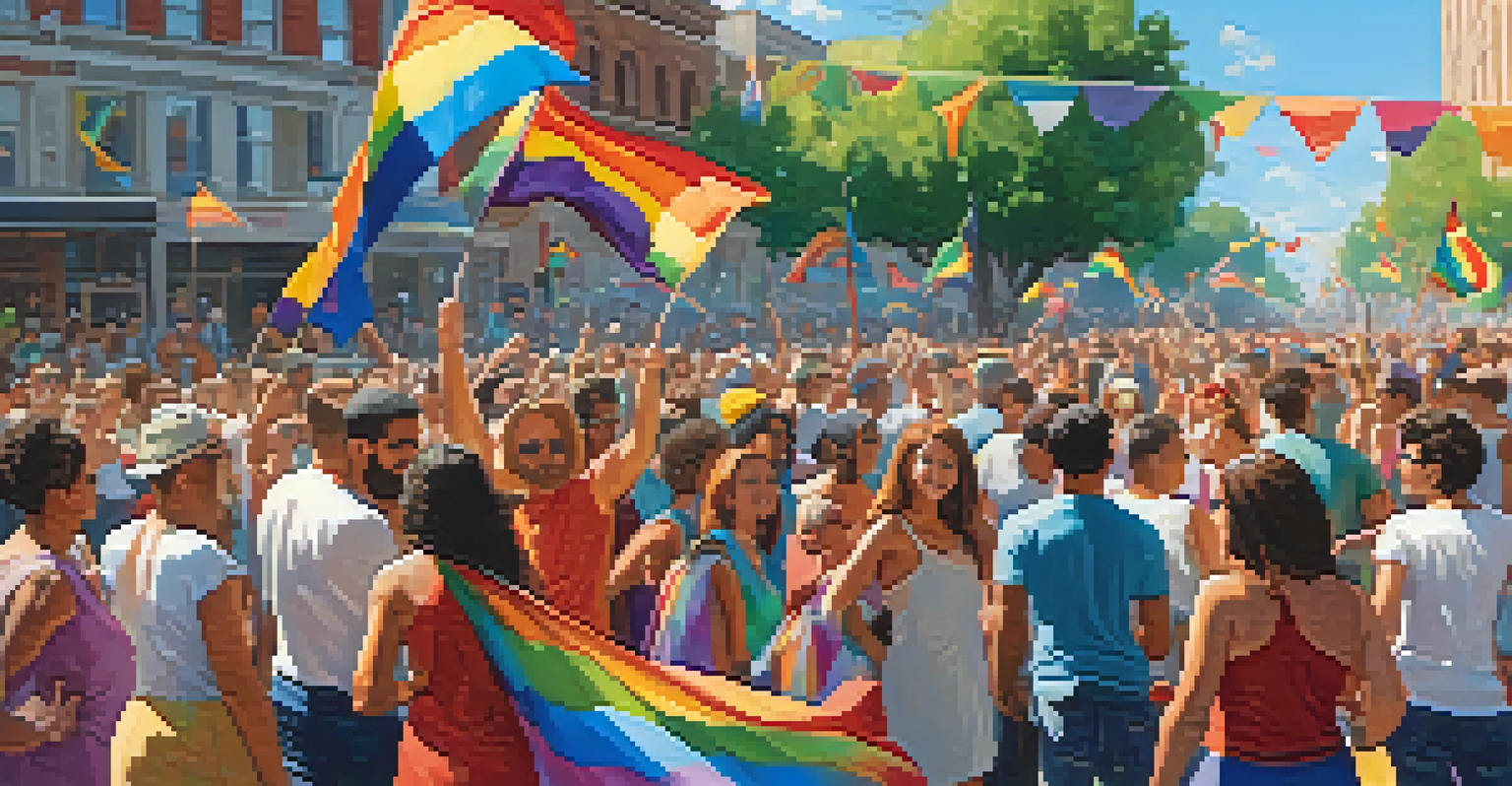 A lively pride parade with diverse individuals celebrating together under bright blue skies.