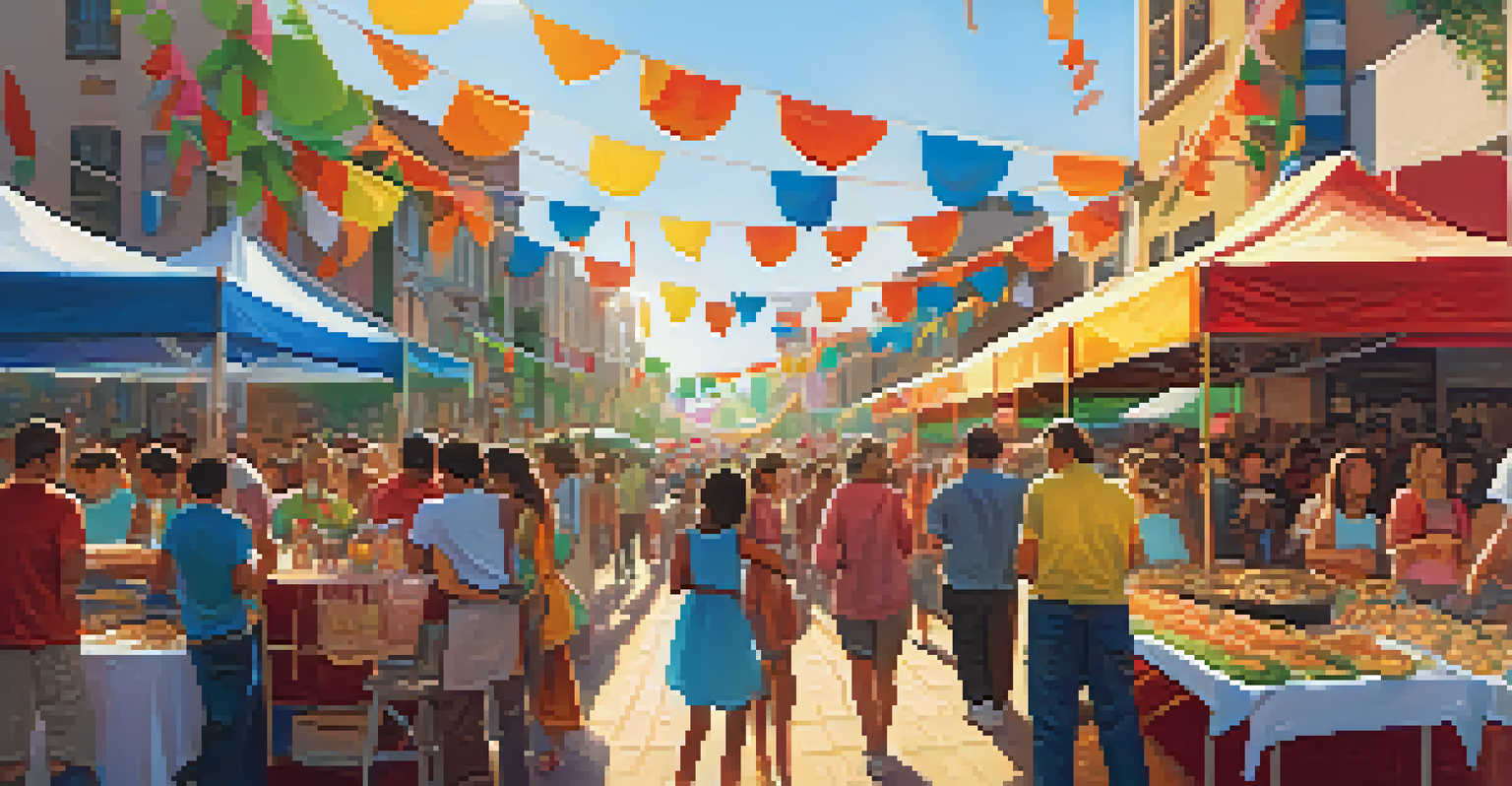 A lively street festival with colorful decorations, food stalls, and people enjoying music and celebration.