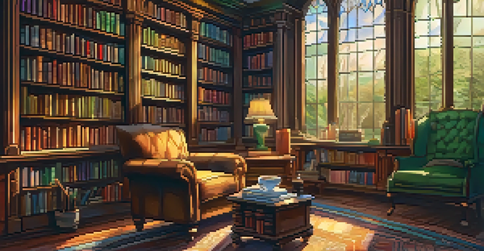 A warm and inviting library with bookshelves, a fireplace, and a comfortable armchair.