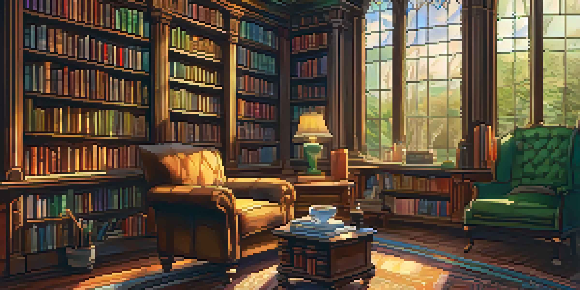 A warm and inviting library with bookshelves, a fireplace, and a comfortable armchair.