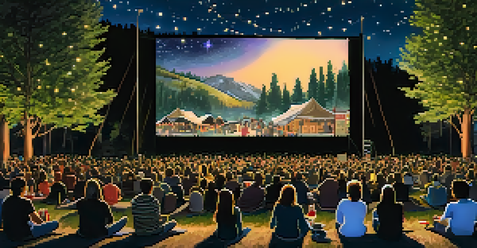 An outdoor film screening at the Sundance Film Festival under a starry night sky, with attendees enjoying the movie on blankets and chairs.