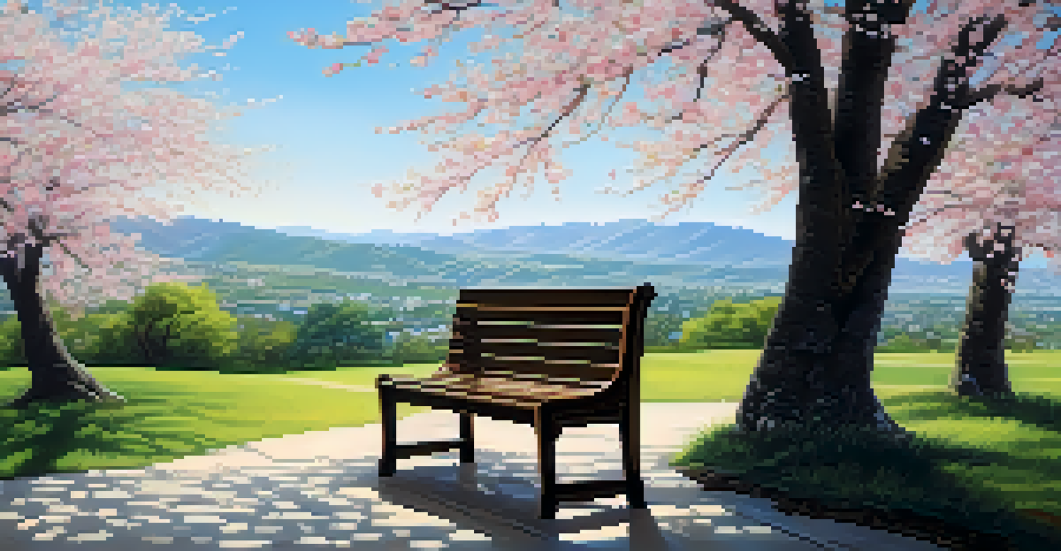 A tranquil outdoor scene with a wooden bench under a cherry blossom tree, surrounded by falling petals and rolling hills.