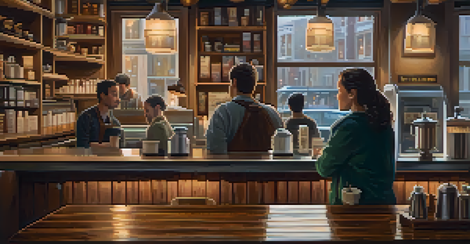 A warm and inviting coffee shop with a wooden counter and patrons chatting, contrasted by a rainy city street visible through the window.