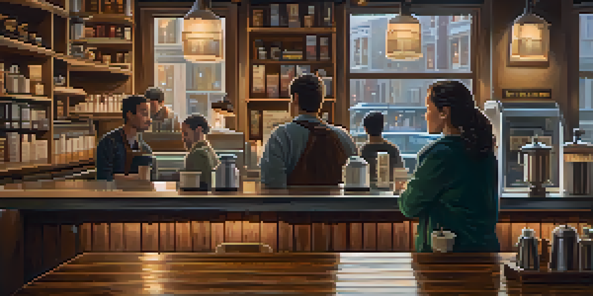 A warm and inviting coffee shop with a wooden counter and patrons chatting, contrasted by a rainy city street visible through the window.