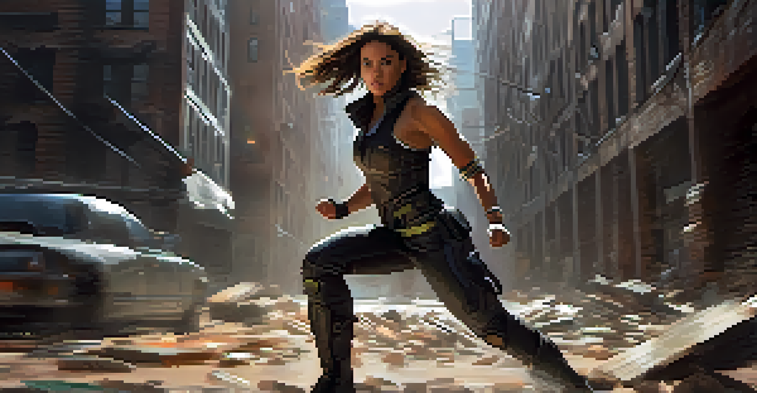 An action heroine in motion, engaged in a dynamic fight scene in an urban environment with dramatic lighting.