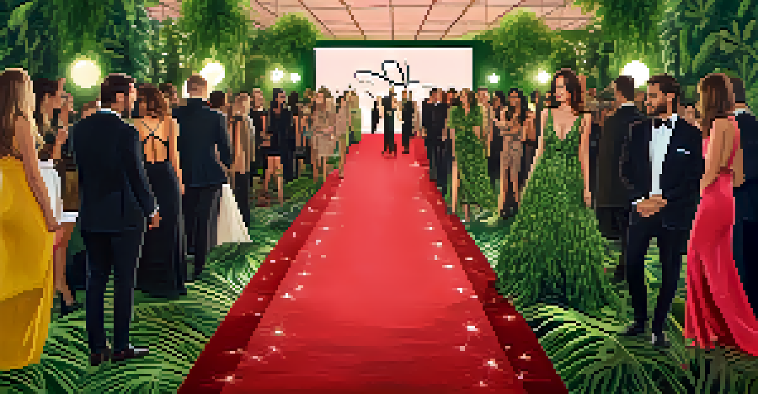 Celebrities on a red carpet wearing stylish outfits made from sustainable materials against a backdrop of greenery.