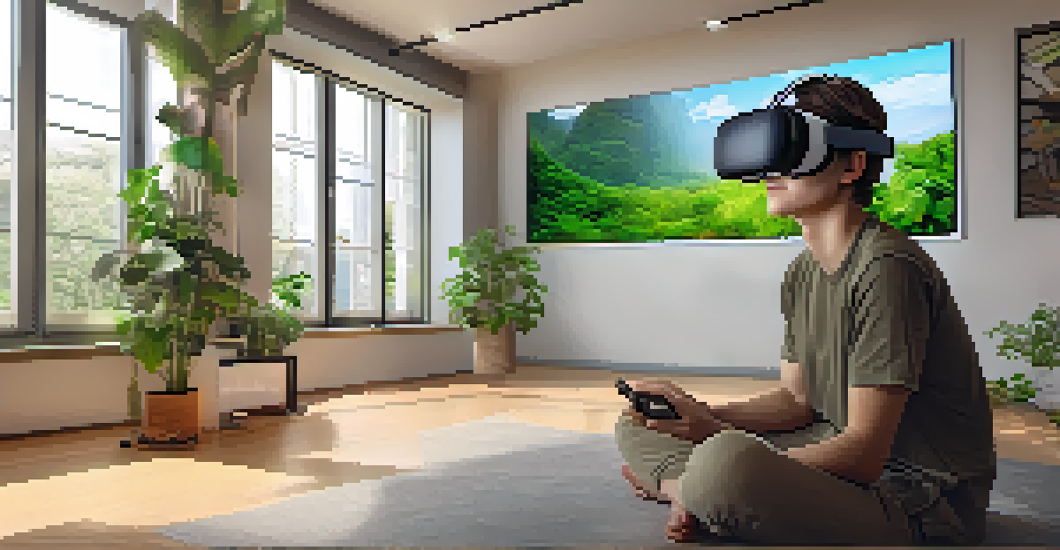 A person wearing VR goggles in a modern living room, experiencing a documentary about environmental conservation.