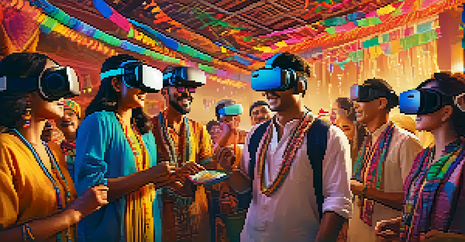 People enjoying a virtual reality cultural festival, wearing VR headsets and surrounded by colorful decorations.