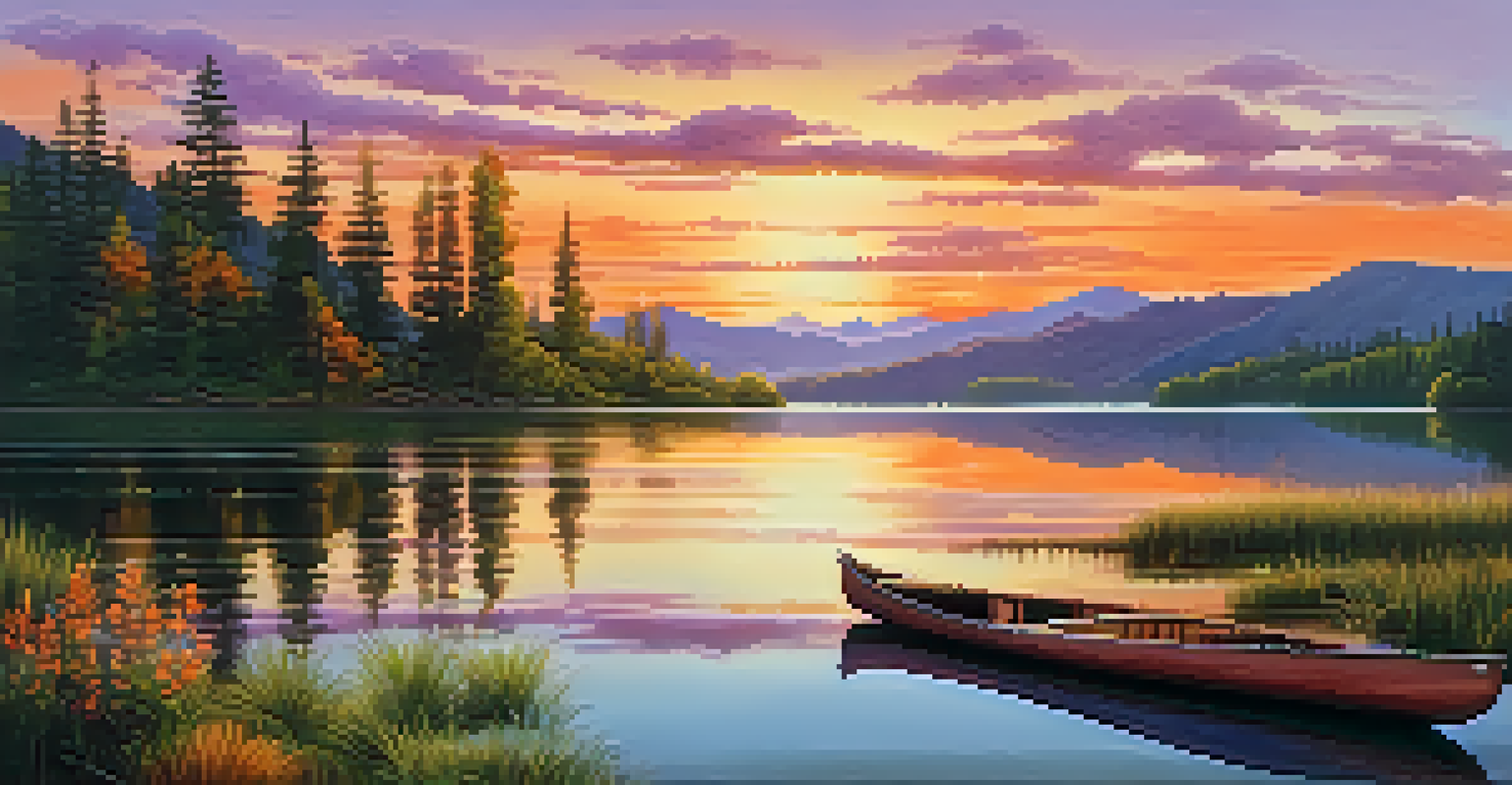 A serene lake landscape at sunset with mountains in the background and a canoe on the dock.
