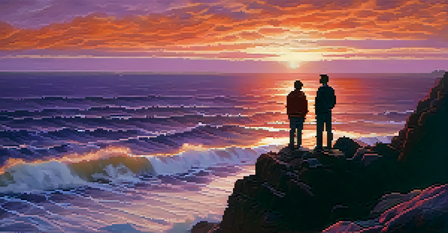 Two friends standing on a cliff at sunset, overlooking the ocean, with a colorful sky and waves crashing against the rocks below.