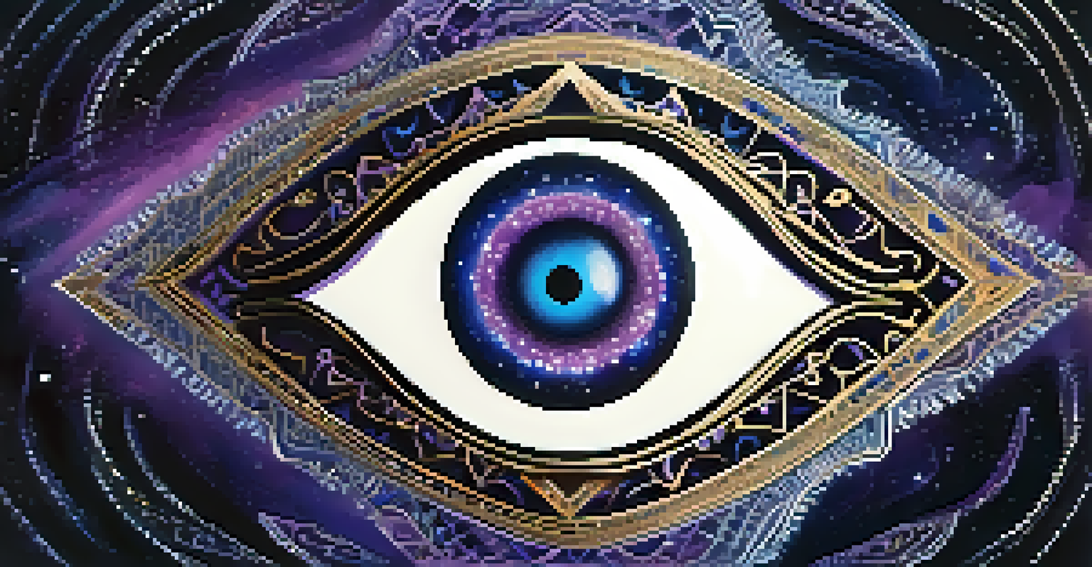 An ornate all-seeing eye symbol surrounded by cosmic elements, designed with deep blues and purples for a mystical effect.