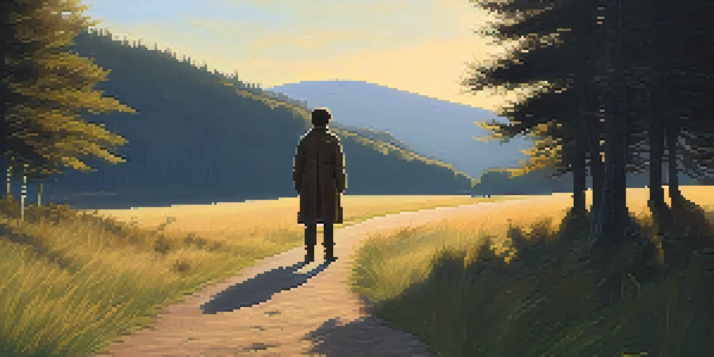 A character at a crossroads, contemplating two paths: one leading into a dark forest and the other into a sunlit meadow.