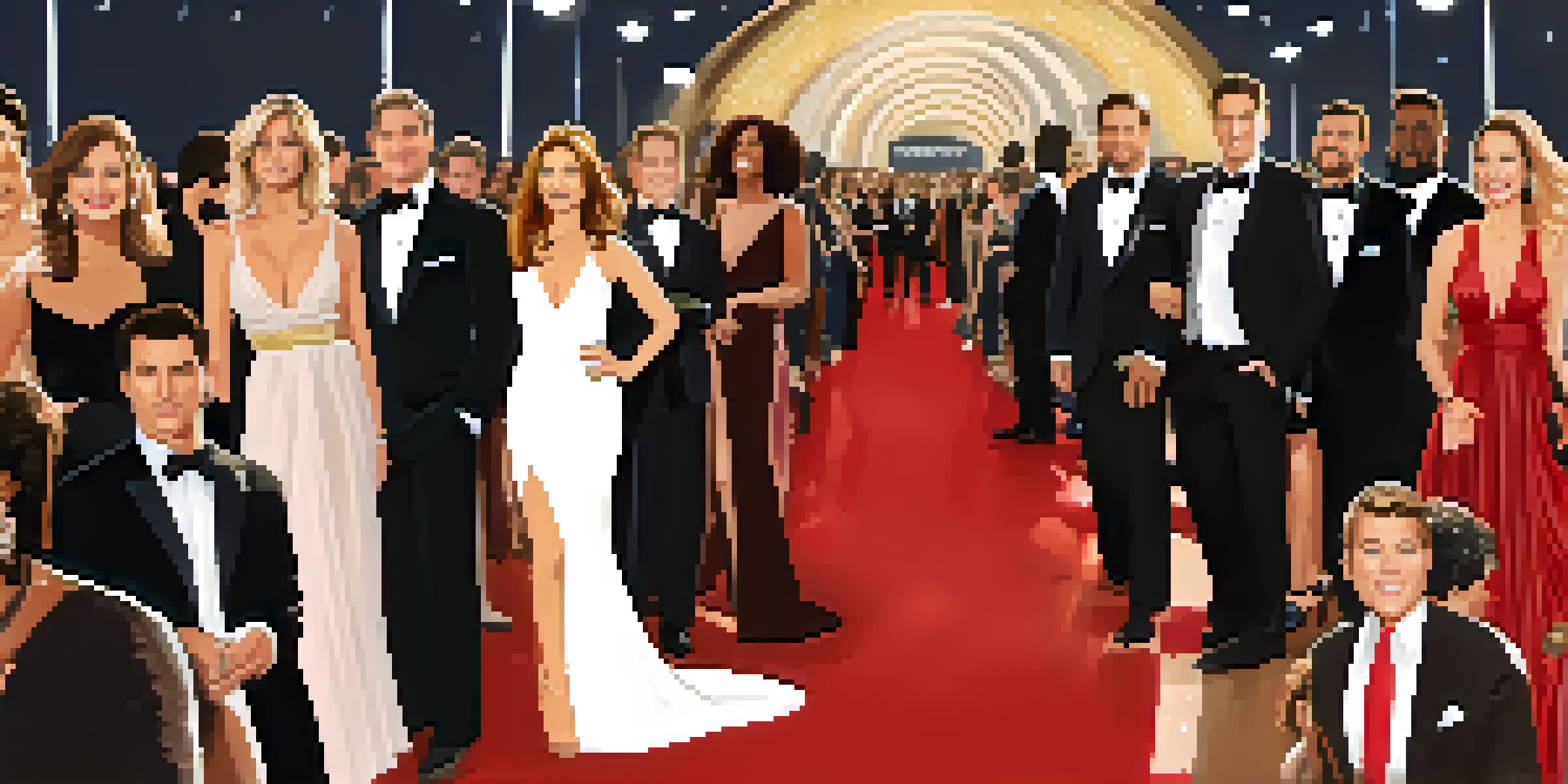 A vibrant red carpet event with actors in elegant attire, surrounded by bright lights and a cheering crowd.