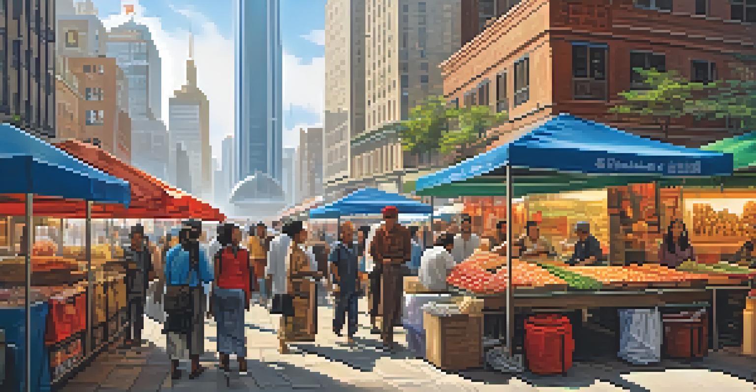 A lively urban street scene with diverse people, skyscrapers, and colorful street art.