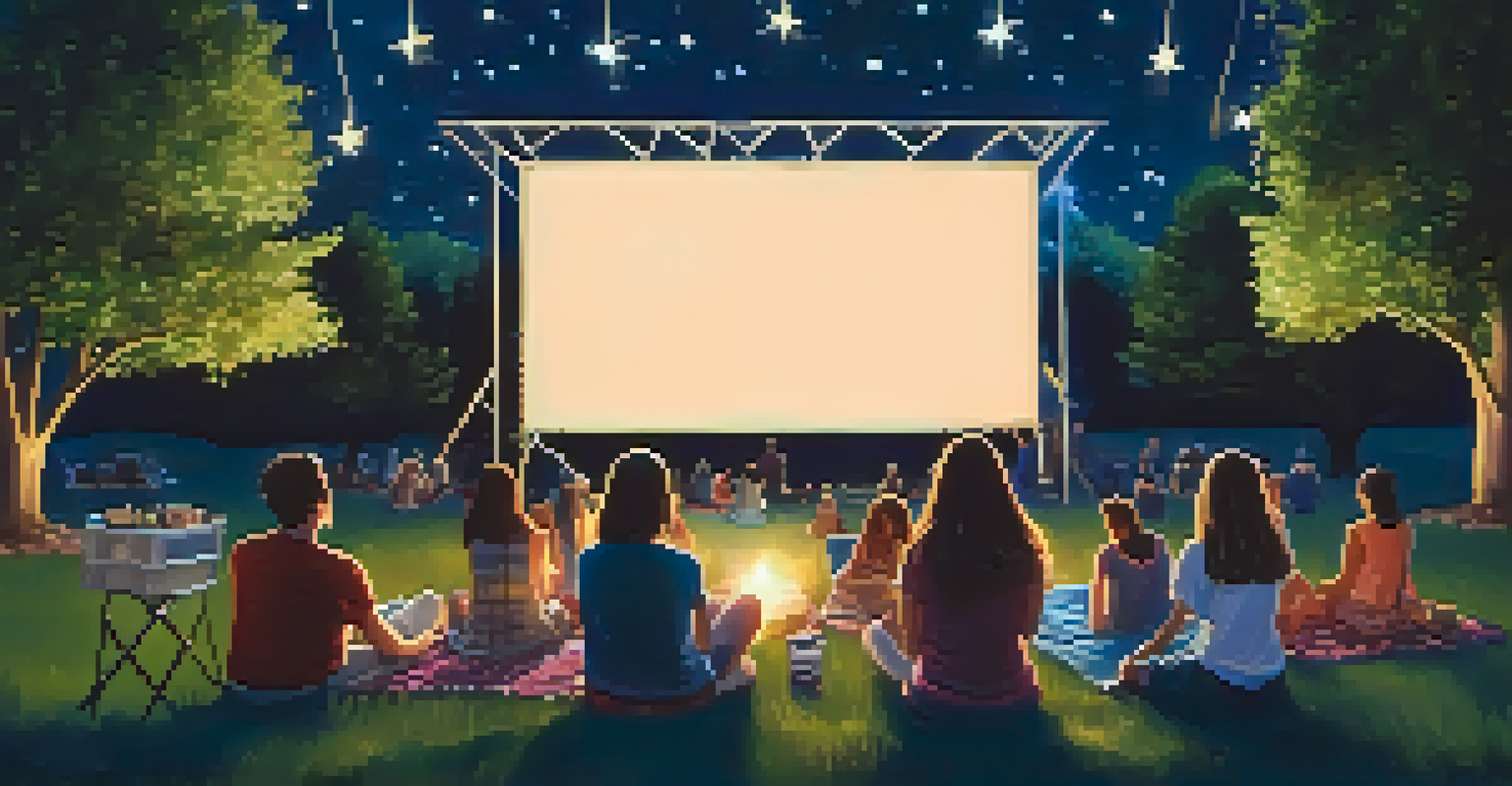 A group of friends enjoying an outdoor movie night under a starry sky, surrounded by fairy lights and blankets.