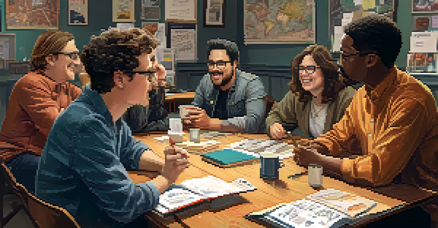 A group of comedians brainstorming ideas for an improv show around a table filled with notebooks and snacks, in a brightly lit room.