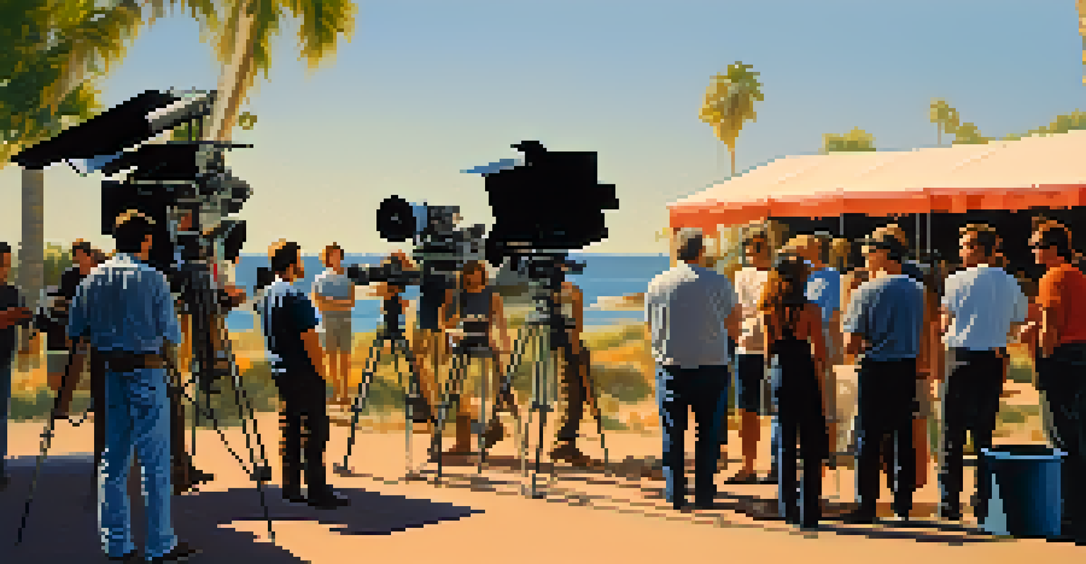 A film crew on set with a director and equipment in a bright outdoor location.