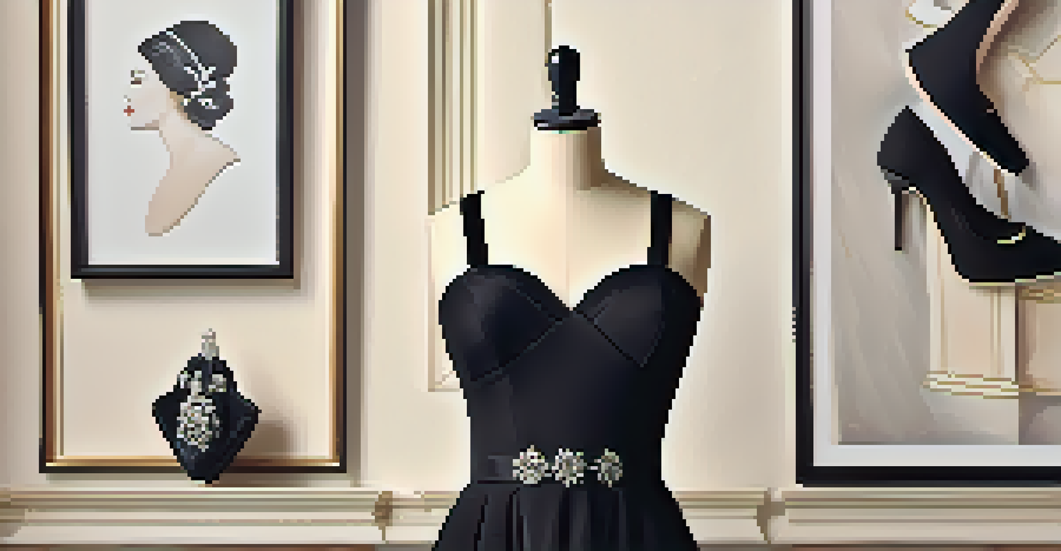 A classic little black dress on a vintage mannequin, with elegant accessories like a brooch and heels, set against a softly lit background.