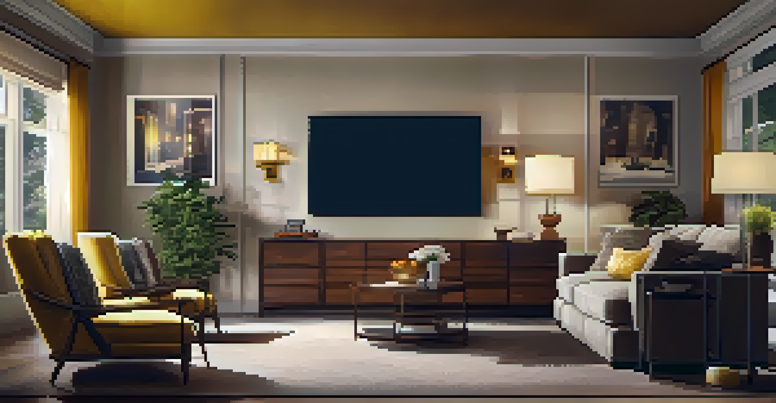A cozy modern living room with a large screen showing a classic film, complete with popcorn and warm lighting.