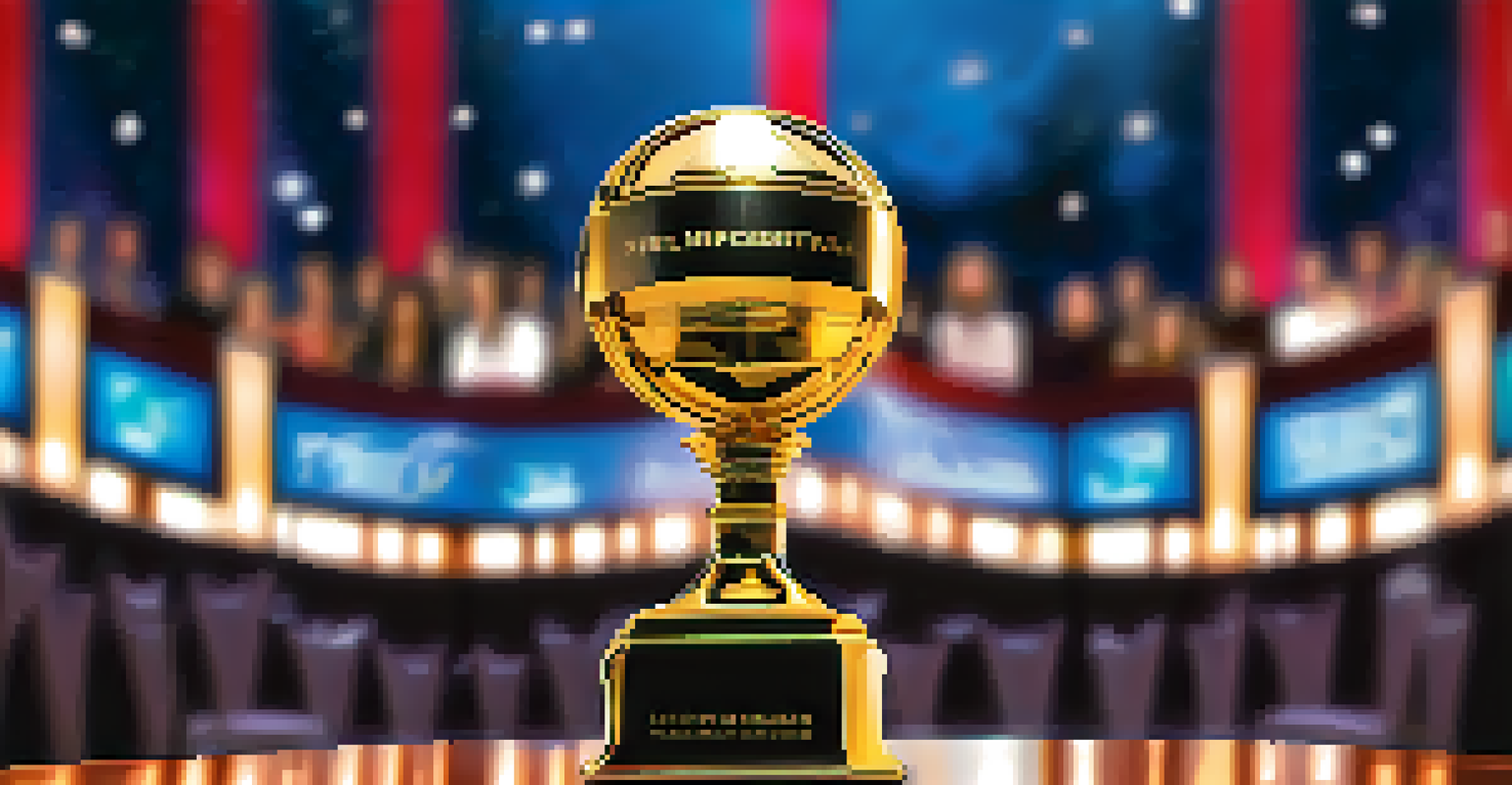 A close-up of a film festival award trophy, beautifully reflecting ambient light with a blurred festival background.