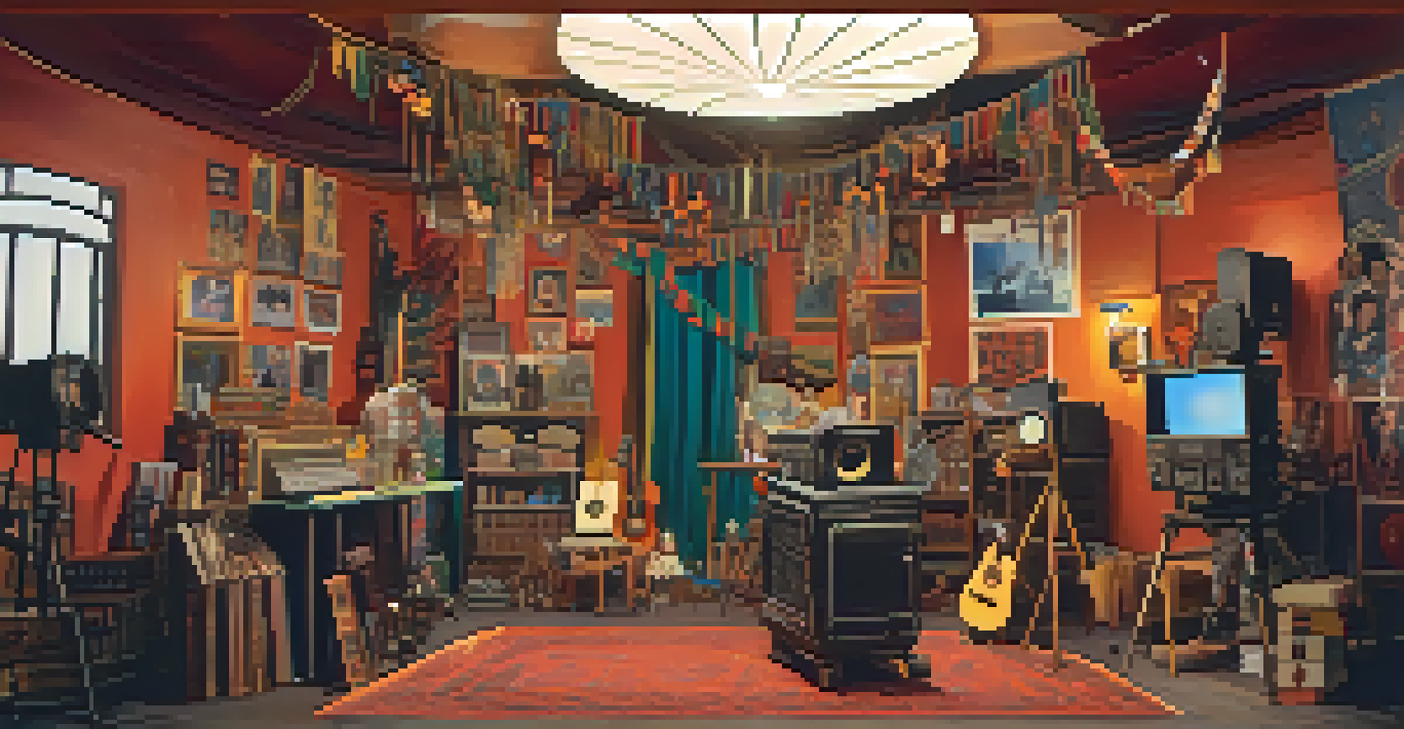 A film set featuring diverse filmmakers collaborating, surrounded by cultural props and bright lighting.